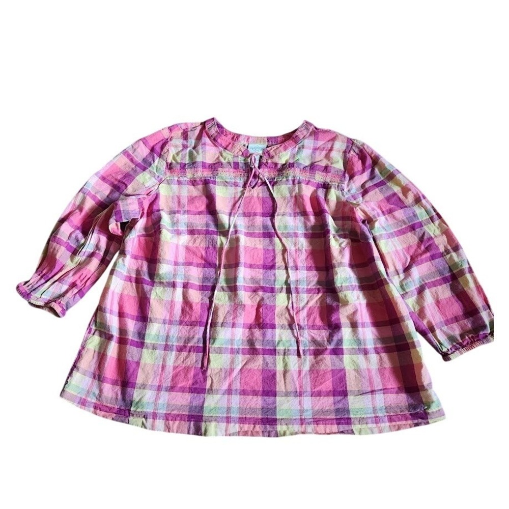 St. Johns Bay Pink Purple Plaid Peasant Blouse Split Neck Smocked Top 0X 705